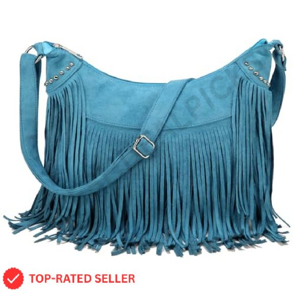 Vintage Suede Hobo Crossbody Bag Fringe Tassel Western Boho Chic - Picture 2 of 8